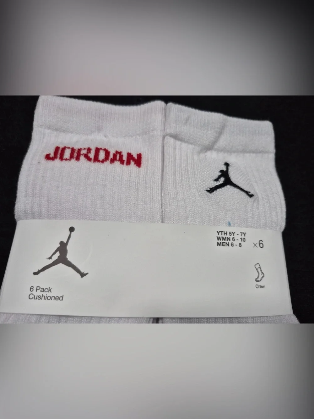 Nike Air Jordan White Crew Socks with Red and Black Logo - 6 Pack